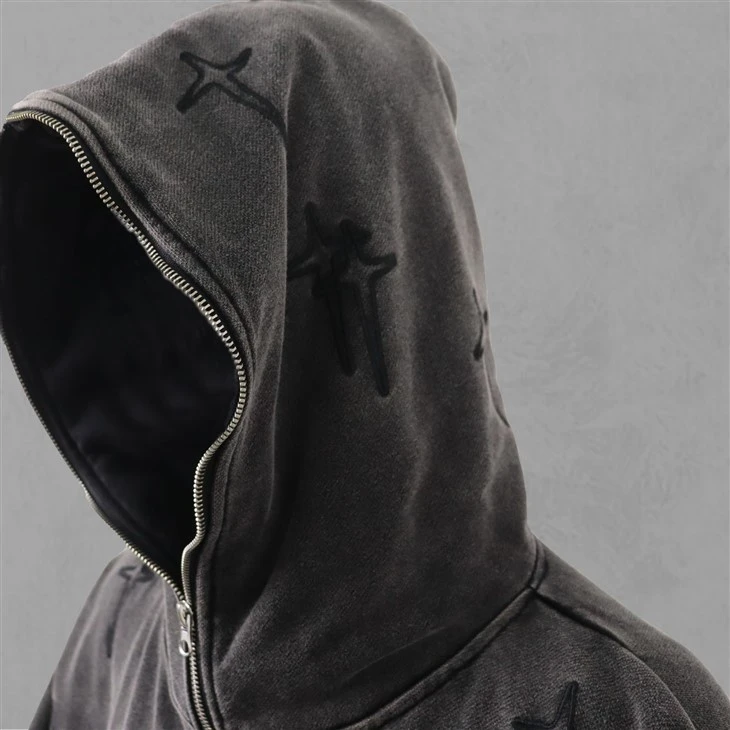Embroidery Washed Appl Zipper Up Hoodie Embroidery Washed Appl Zipper Up Hoodie