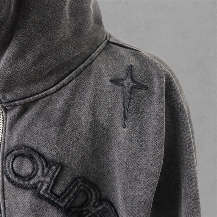 Embroidery Washed Appl Zipper Up Hoodie Embroidery Washed Appl Zipper Up Hoodie