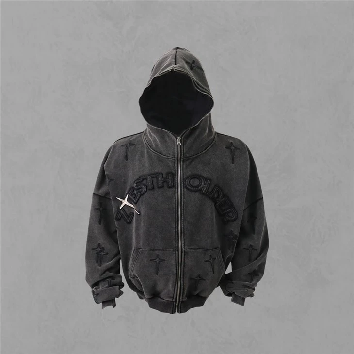 Embroidery Washed Appl Zipper Up Hoodie Embroidery Washed Appl Zipper Up Hoodie