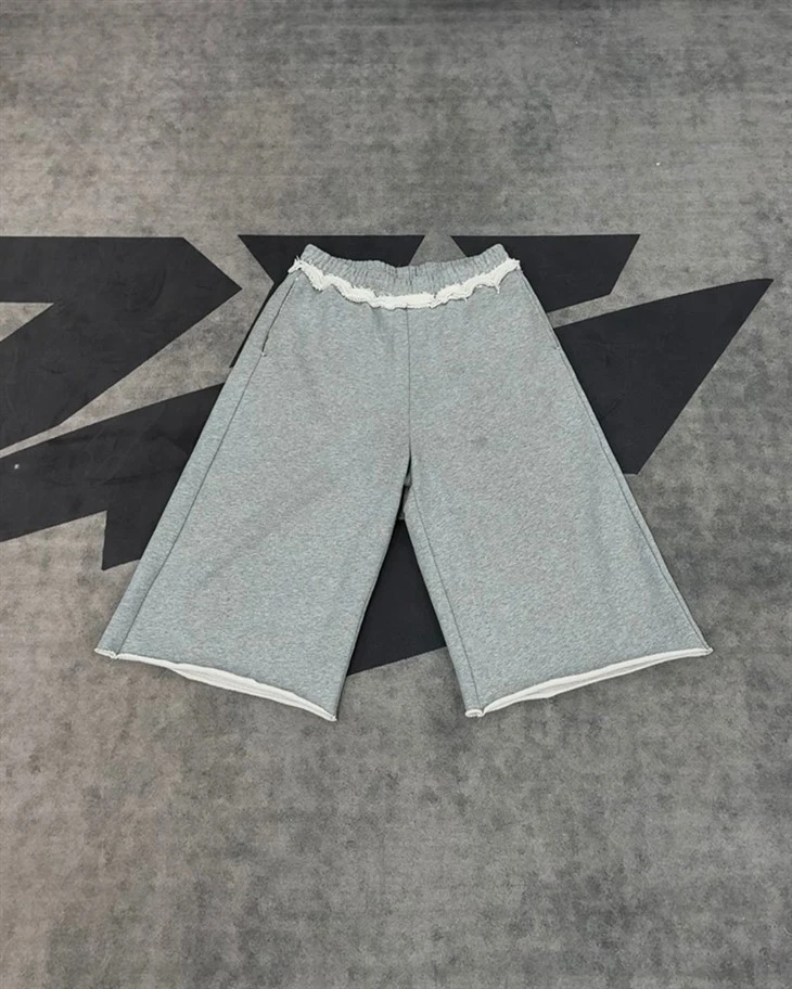 Gray Ruffled Culottes Shorts Elastic Waist Wide Leg Kornit DTG Print