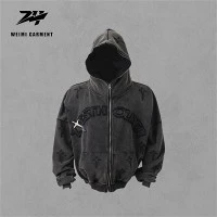 Embroidery Washed Appl Zipper Up Hoodie