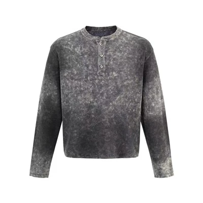 Wholesale OEM Acid Wash Oversized Waffle Henley Shirt Kornit DTG Print