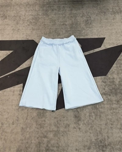 Wholesale OEM Cotton Shorts Light Blue Ruffled Culottes Elastic Waist Wide Leg Kornit DTG Print