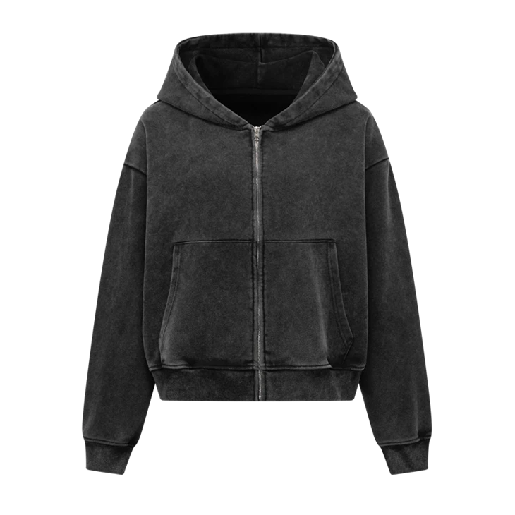 Wholesale OEM Acid Medium Wash Oversized Heavyweight Zip Up Hoodie Kornit DTG Print