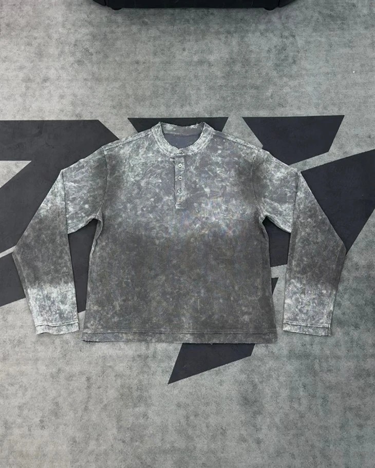 Wholesale OEM Acid Wash Oversized Waffle Henley Shirt Kornit DTG Print suppliers Wholesale OEM Acid Wash Oversized Waffle Henley Shirt Kornit DTG Print suppliers