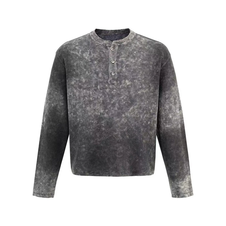 Wholesale OEM Acid Wash Oversized Waffle Henley Shirt Kornit DTG Print