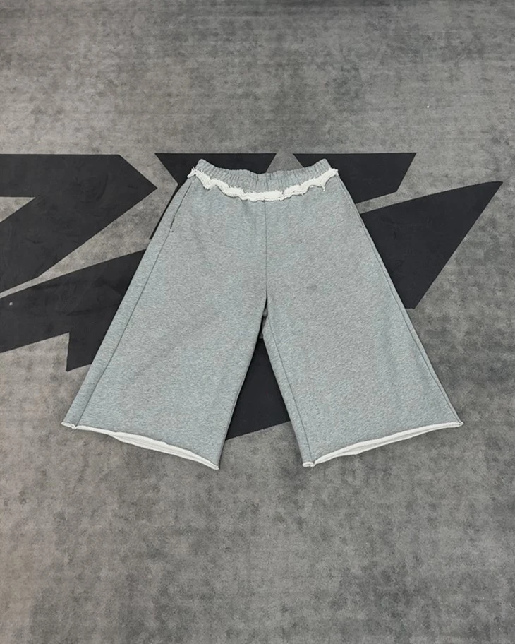 Wholesale OEM Cotton Shorts Heather Gray Ruffled Culottes Elastic Waist Wide Leg Kornit DTG Print