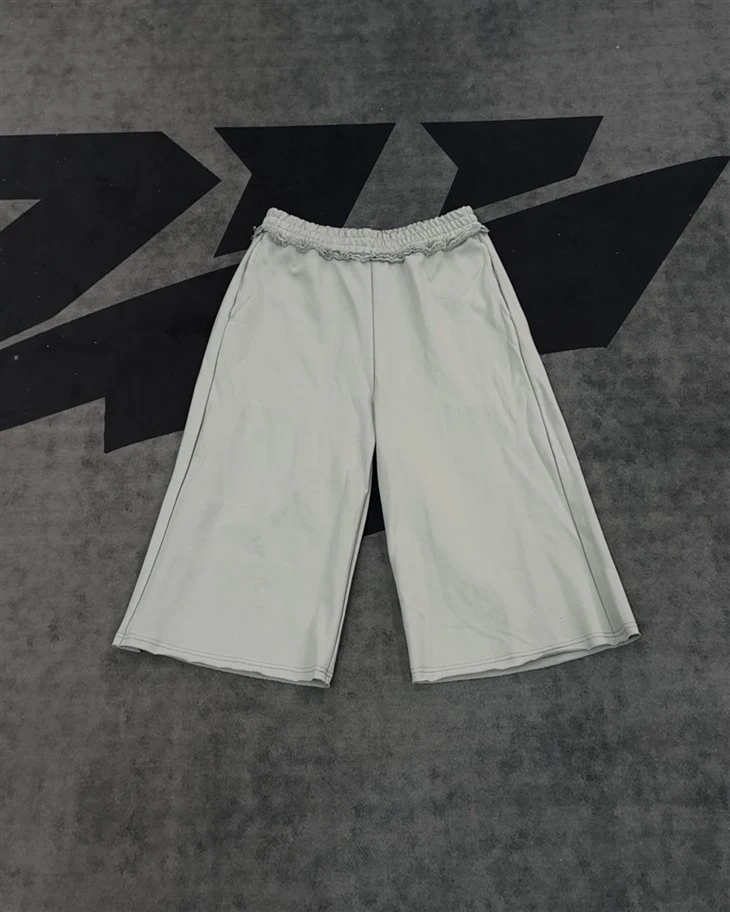 Wholesale OEM Cotton Shorts Light Gray Ruffled Culottes Elastic Waist Wide Leg Kornit DTG Print