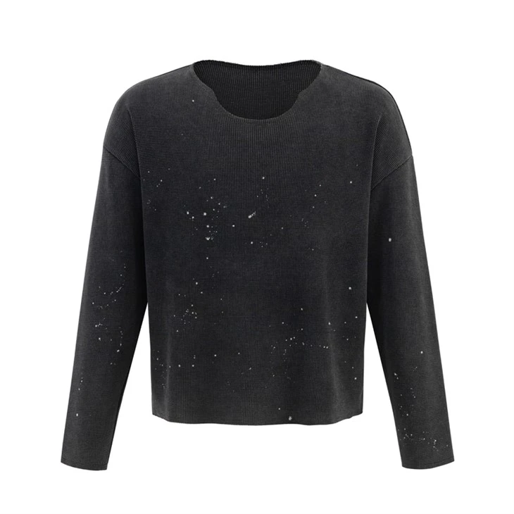 Wholesale OEM Splatter Wash Waffle Long Sleeve T Shirt Kornit DTG Print