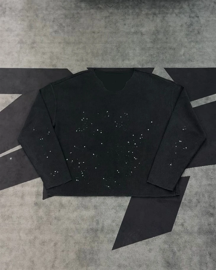 Wholesale OEM Splatter Wash Waffle Long Sleeve T Shirt Kornit DTG Print high quality Wholesale OEM Splatter Wash Waffle Long Sleeve T Shirt Kornit DTG Print high quality